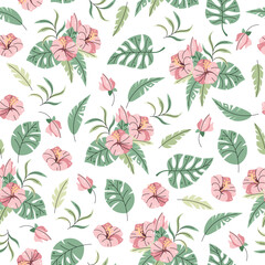 Seamless pattern with tropical leaves in flat style. Repeating background with hibiscus flowers and leaves. Botanical background for fabric, wallpaper, wrapping paper, scrapbooking etc