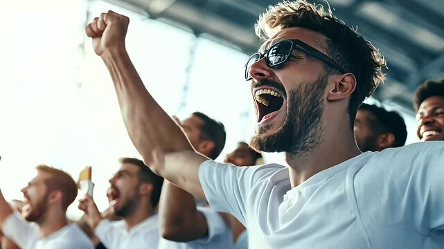 Excited office workers gathered, shouting and gesturing while watching a soccer match, with the simplicity of a white studio background highlighting their enthusiasm