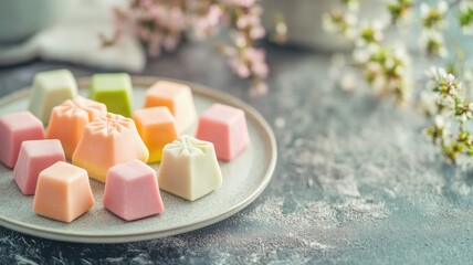 Colorful traditional Japanese sweets on ceramic plate