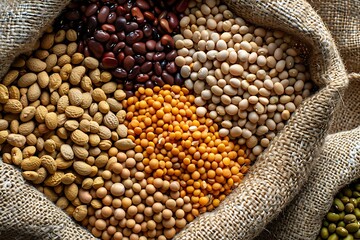 Fototapeta premium Assortment of different legumes in sacks on wooden background