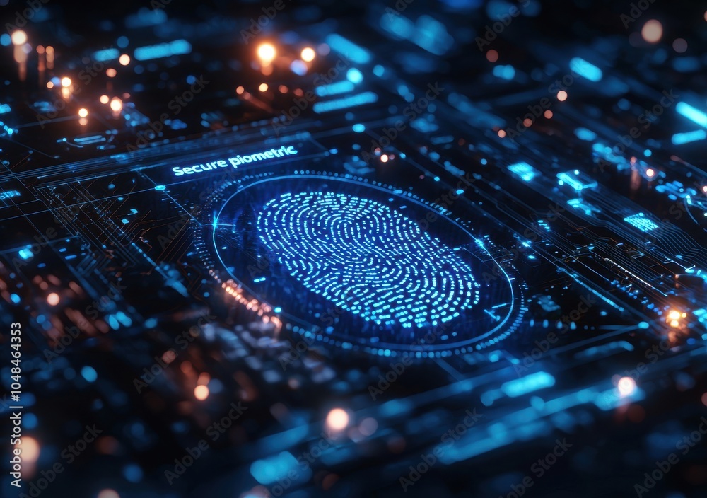Poster futuristic biometric security interface with digital fingerprint on circuit board for advanced techn