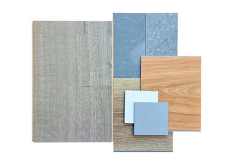 top view of interior material samples contains wooden laminate flooring tile, artificial stone,...