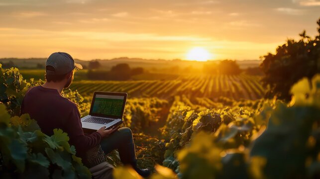 A man wearing a cap sits in a vineyard with a laptop computer on his lap, watching the sun set over rolling hills in the distance. - Powered by Adobe