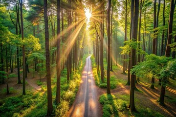 Obraz premium Tranquil forest walk with sunlight shining through trees forming a calm scene