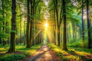 Obraz premium Tranquil forest walk with sunlight shining through trees forming a panoramic scene