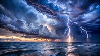 A Dramatic Display of Nature's Power A Bold Lightning Strike Illuminates a Darkening Sky Above a Stormy Sea