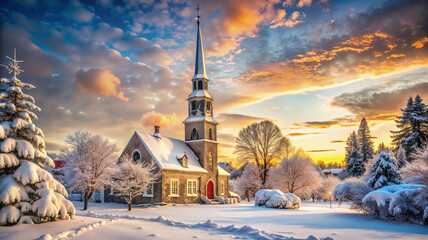 Snowy Church and Winter Landscape at Golden Sunset