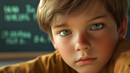Cute face of pupil, close up. Pupil learning letters and numbers. Children learning. Cute child boy in classroom near blackboard desk.