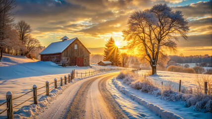 Obraz premium Winter Country Road Leading to Snowy Barn at Sunrise