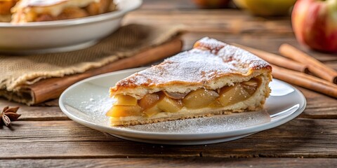 A Slice of Golden Apple Pie on a White Plate, Dusted with Powdered Sugar, Resting on a Rustic Wooden Table