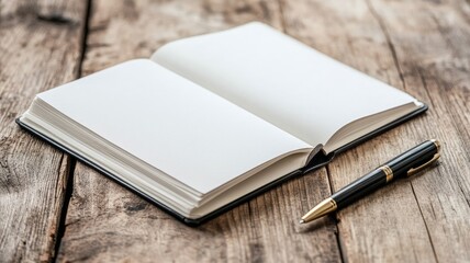 Open blank notebook and pen on wooden table