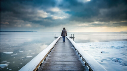 Obraz premium Man Standing Alone on Snowy Pier Over Frozen Lake
