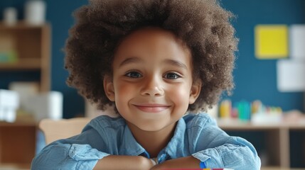 Cute successful learner of primary school looking at camera with smile while sitting by table and drawing with crayons at lesson