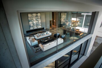 High-Angle Modern Living Room with Statement Art, Sleek Furnishings, Concrete Floor, Large Glass Window, and Bright Natural Light