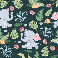 Fototapeta premium Seamless pattern with cute elephants in flat style. Repeating background with African animals and tropical plants. Childish illustration for fabric, wallpaper, wrapping paper, scrapbooking etc.