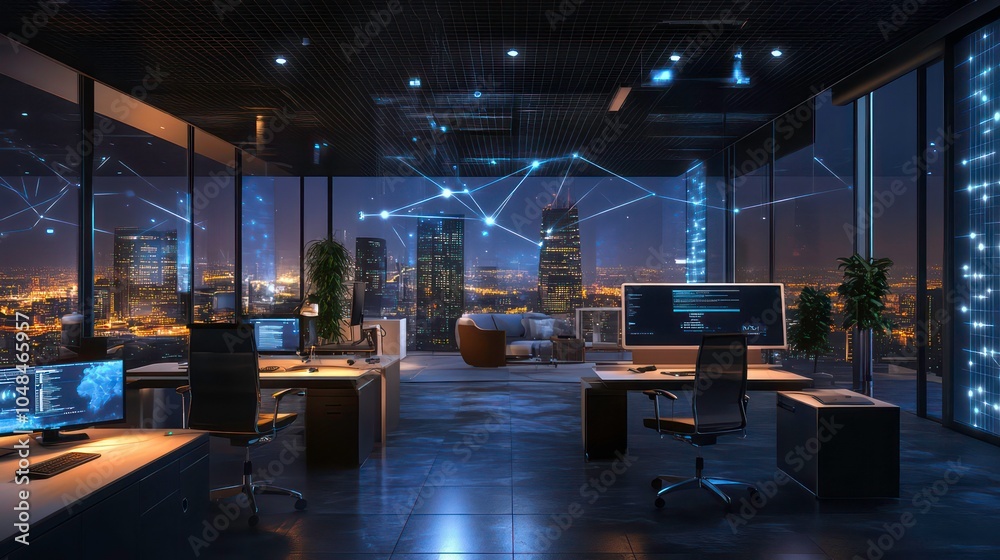 Poster modern office space with panoramic city view at night, illuminated by glowing network lines.