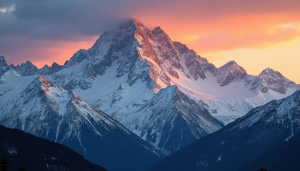 Fototapeta premium A snow-capped mountain illuminated by the sunset sky.