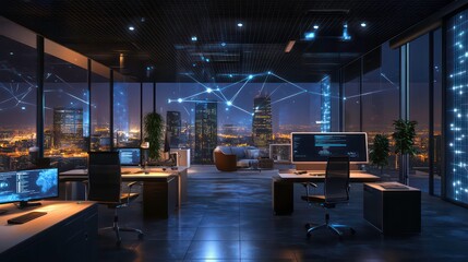 Modern office space with panoramic city view at night, illuminated by glowing network lines.