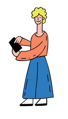 Minimalist Flat Boy Holding Smartphone - Colorful Line Art Character Illustration in Modern Style, Ideal for Tech, Social Media, and Communication Themes, Perfect for Stock Vector and Digital Conte