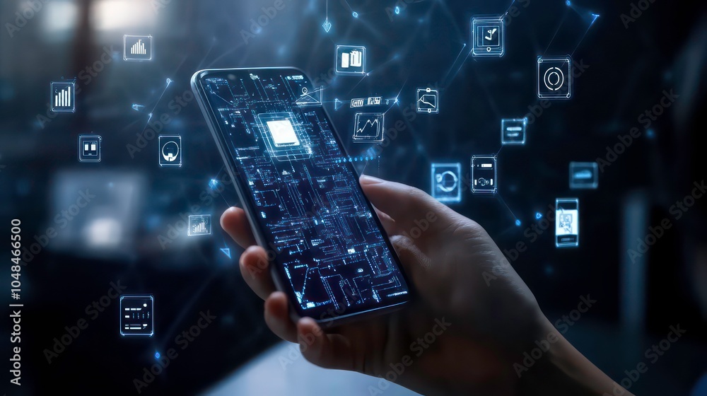 Poster hand holding a smartphone with digital icons floating around it.