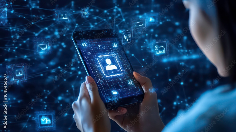 Poster a woman using a smartphone with a digital network of icons representing social media, technology, an