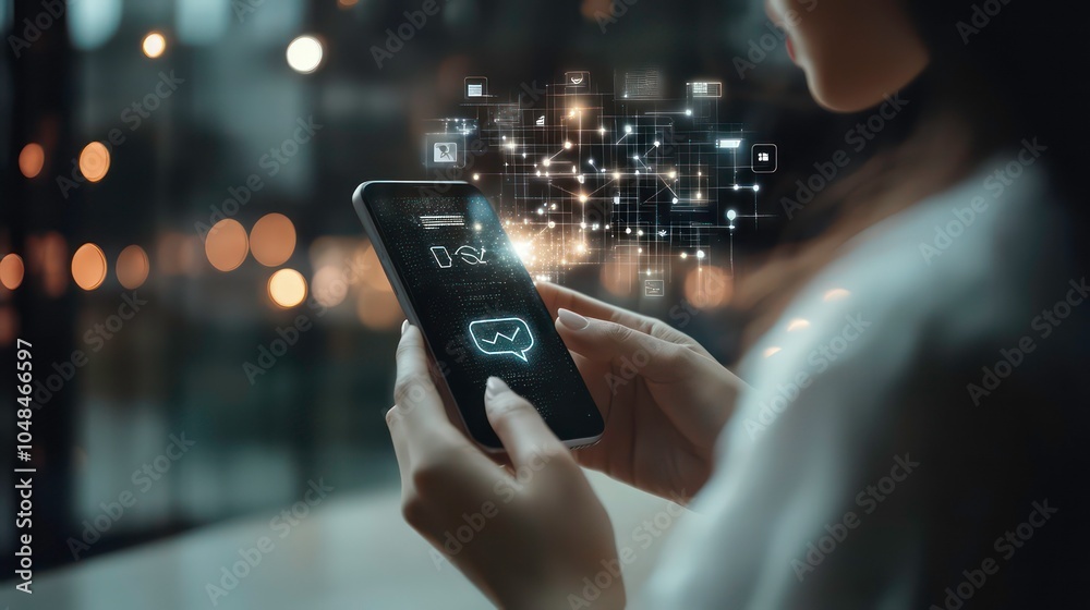 Poster A woman using her smartphone to connect with the world. A glowing digital network around her phone shows the power of technology.