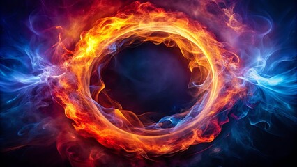A swirling fiery ring encompassed by cool blue smoke, symbolizing the duality of energy and the clash of opposing forces.