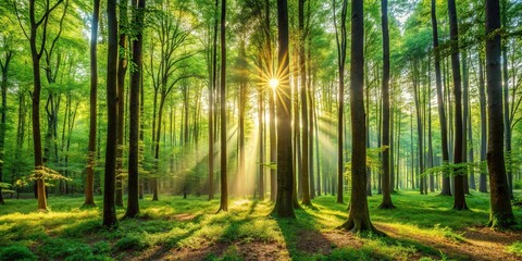 Obraz premium Tranquil forest with sunlight filtering through the trees