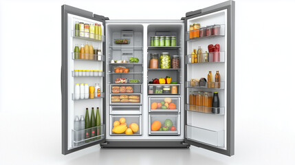 Well-Stocked Refrigerator: A modern, stainless steel refrigerator brimming with fresh produce, beverages, and pantry staples.  A visual representation of healthy eating and organized home living.