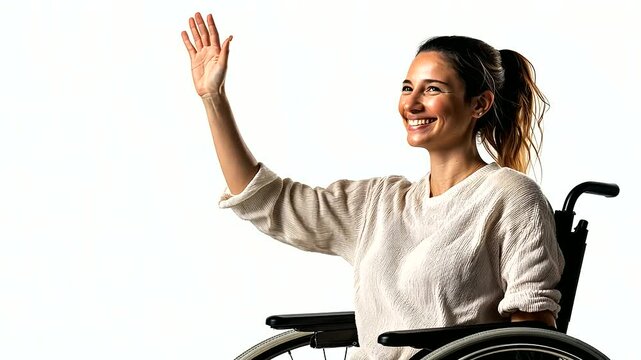 A smiling woman in a wheelchair, joyfully waving with confidence, set against a clean white background, representing parasport