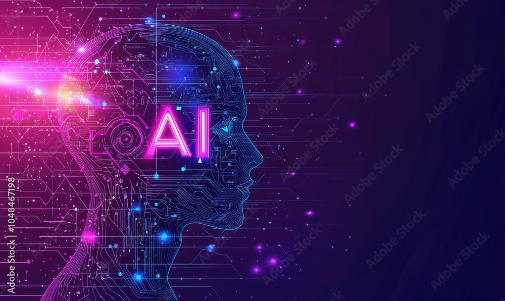 Poster futuristic digital representation of artificial intelligence with glowing circuits and neural connec