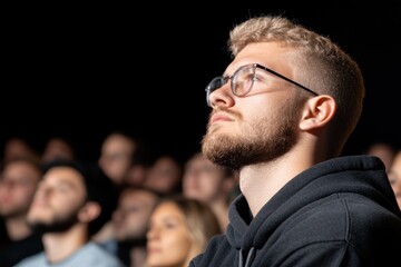 Obraz premium A man in a black hoodie looking up at the audience - Entertainment