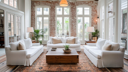 Fototapeta premium Sunlit Living Room: A spacious living room with exposed brick wall, wood floors, and a large rug. The room has white sofas and a coffee table. The windows are large and let in a lot of natural light.