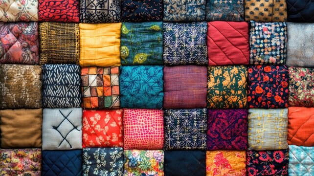 Colorful patchwork quilt made from various fabric patterns and intricate designs