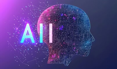 Futuristic digital concept illustration of AI in a human head silhouette with circuit patterns on a vibrant purple background
