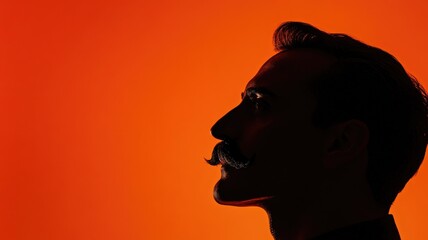 Male silhouette with mustache against orange background