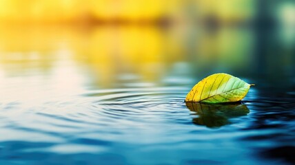 Yellow and green leaf floating on calm water with ripples