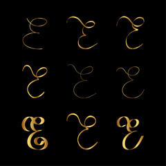 Gold E Letter Initial Cursive Hand Written Calligraphic Alphabet Set for Logo Brand