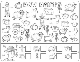 How many black and white activity page for kids with cute farm characters. Count the number of scarecrow, tractor, sheep, hay and more. Puzzle game in outline. Vector illustration