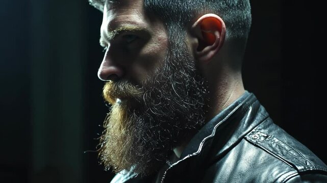 A man with a long beard stands in the dark, wearing a leather jacket