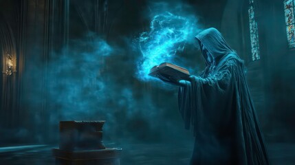 A hooded figure in a dimly lit cathedral, casting a magical spell from an open book, with blue energy swirling around them.
