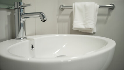 Fototapeta premium A Modern Bathroom Elegance: Close-Up of a Neatly Arranged Sink Accompanied by a Stylish Towel Rack