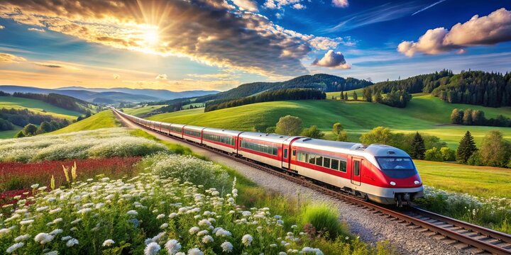 A red train traversing a scenic landscape, with a vibrant sunset behind it, through rolling hills and a field of wildflowers.