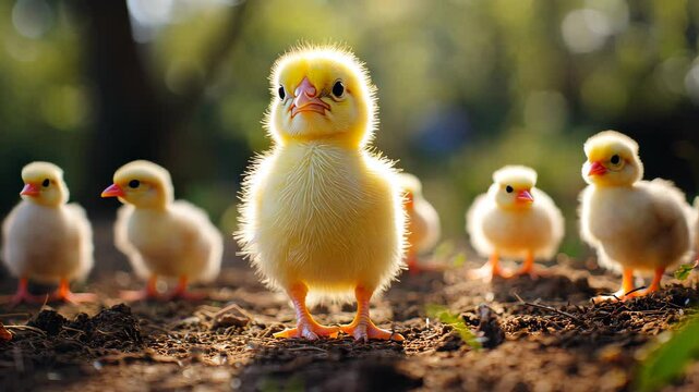 Yellow chick surrounded by other chicks near feeder
