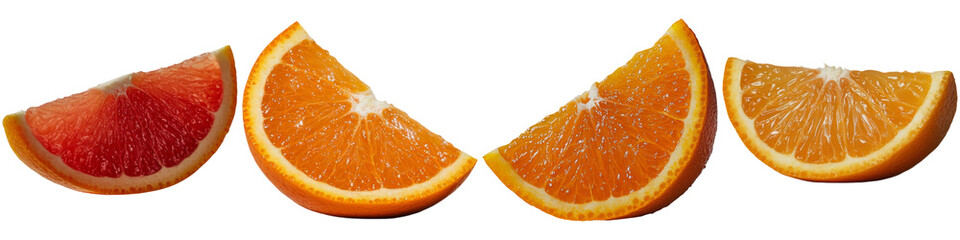 A collection of fresh citrus fruit slices includes two grapefruit segments and two orange slices,...