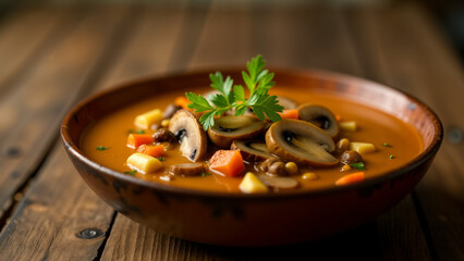 Comfort in a Bowl: A Deliciously Presented Mushroom and Veggie Soup Capturing Warmth and Homely Essence
