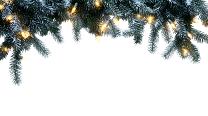 Christmas lights wrapped around pine branches, isolated on white or transparent background
