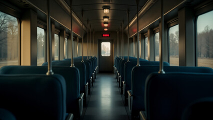 Naklejka premium An Expansive Train with Spacious Empty Booths, Evoking the Tranquility and Stories Behind Each Rail Journey
