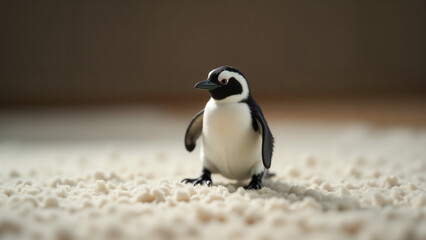 Naklejka premium An Adorable Small Penguin Waddling on a Cozy Carpet, Capturing the Charm of Wildlife in Domestic Surroundings