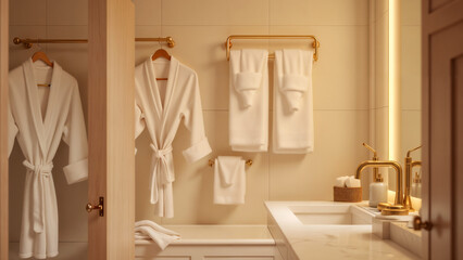 An Inviting Bathroom with Soft Robes and an Elegant Towel Rack for Ultimate Relaxation